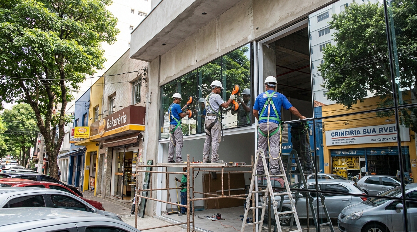 Fachada de vidro com confeitaria vizinha em Ubatuba-SP