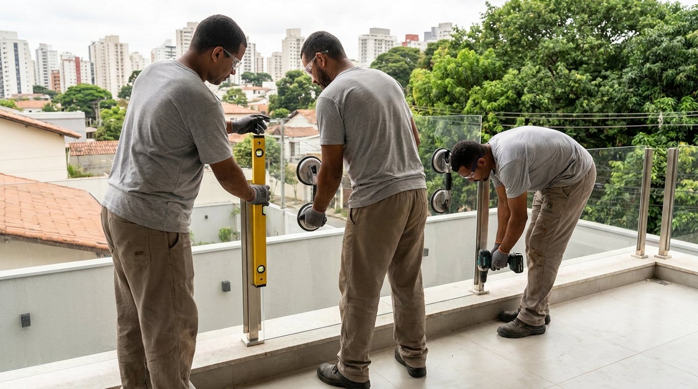 Guarda-corpo em terraço alto com vista cidade em Ubatuba-SP